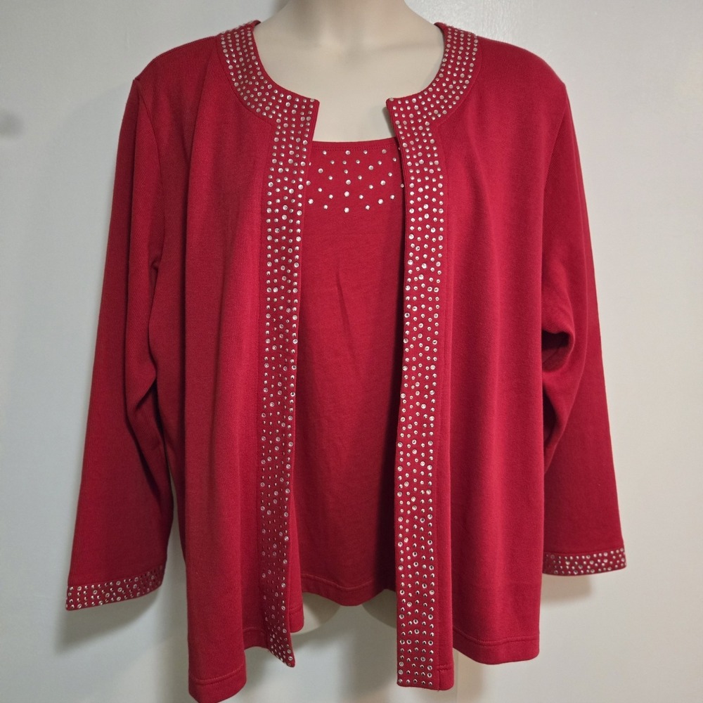 Quacker Factory Sz 3X True Red Knit Duet Rhinestone Top with Cardigan A96056 NEW
